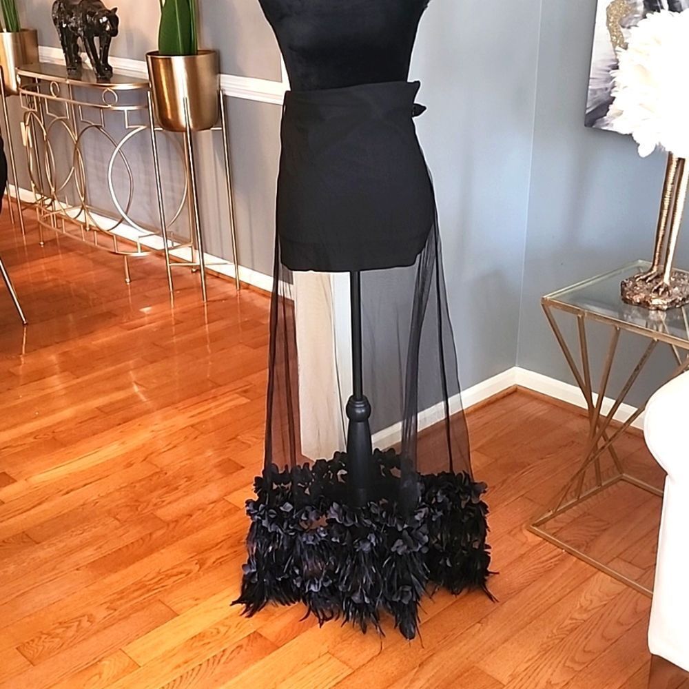 AKIRA Black Maxi Skirt with Sheer Panel and Feather Hem